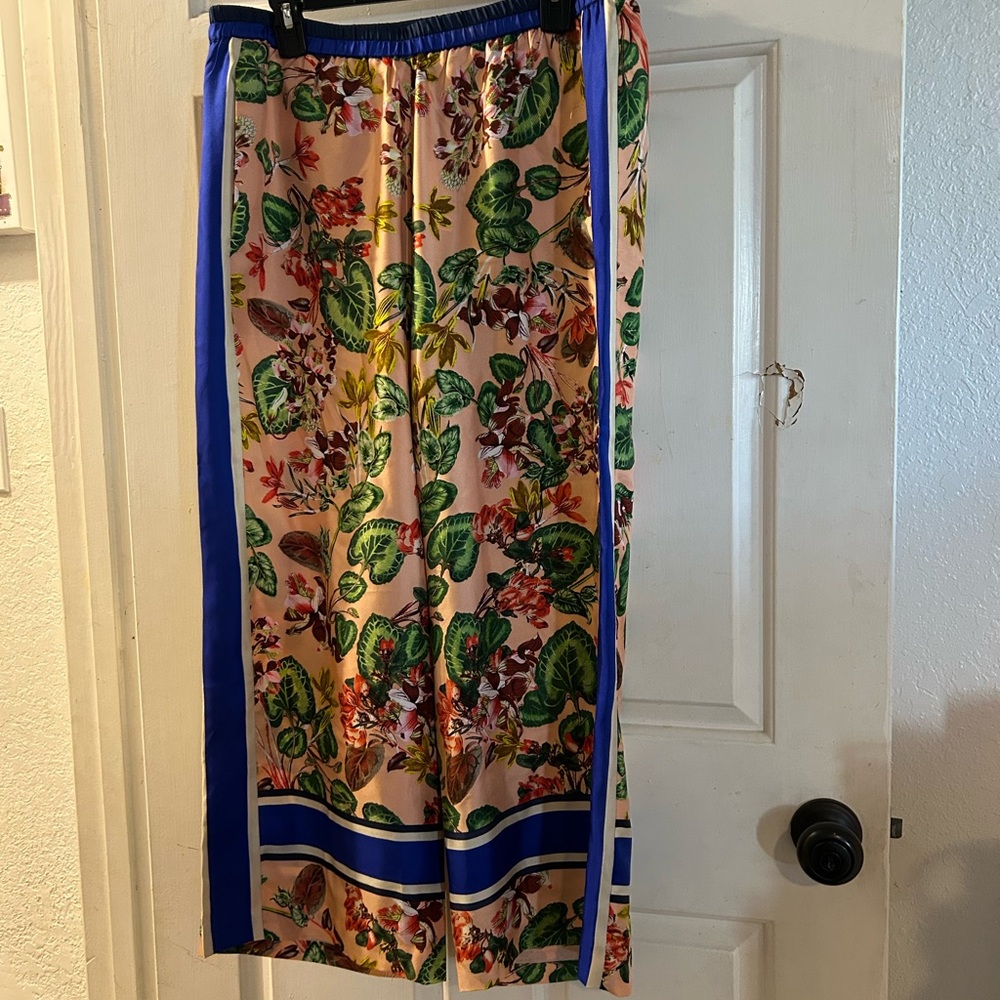 Anthropologie Peach Floral Maxi Pants with Blue Trim